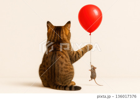 The cat is holding a red ball with a mouse on a string. 136017376