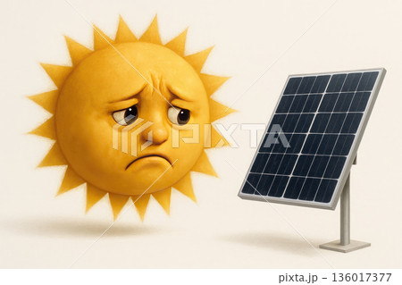 The sad sun stares at the solar panel ignoring it. 136017377