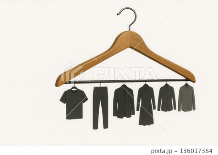A hanger with miniature gray garments. Space for text. 136017384
