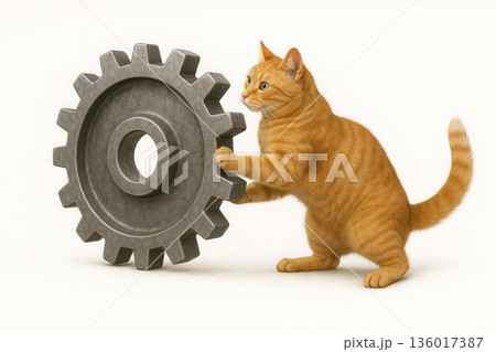 A ginger cat pushes a huge metal cogwheel. A ginger cat pushes a huge metal cogwheel. 136017387