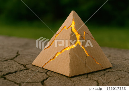 A cardboard pyramid with cracks and an inner golden light on the ground. A cardboard pyramid with cracks and an inner golden light on the ground. 136017388