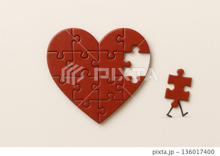 The running piece of the heart-shaped puzzle is a metaphor for loss. Space for text. The running piece of the heart-shaped puzzle is a metaphor for loss. Space for text. 136017400