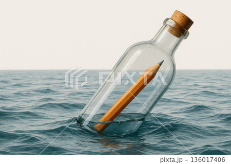 The pencil inside the bottle drifts in the open sea. Space for text. 136017406