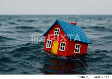A toy house sinks in the ocean among the waves. A toy house sinks in the ocean among the waves. 136017413