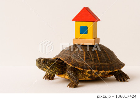 Turtle with a toy house on a shell. Space for text. 136017424