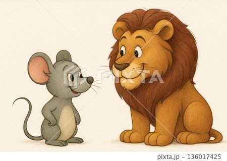 The friendship of a small mouse and a big lion. 136017425