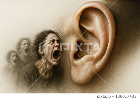 The woman screams in her huge ear, remaining unheard. 136017435