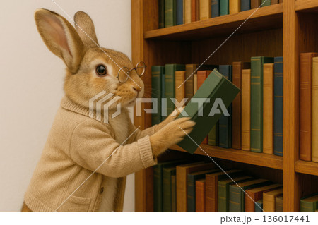 A rabbit with glasses chooses a book in the library. 136017441