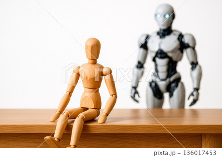 A wooden mannequin sits next to a humanoid robot. 136017453