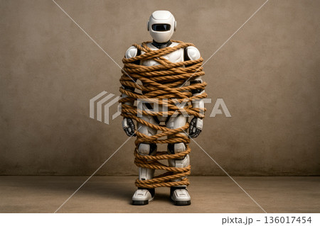 Robot tied with a rope against the background of a wall. 136017454
