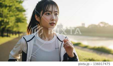 河川敷を走る日本人女性のランニング風景 河川敷を走る日本人女性のランニング風景 136017475