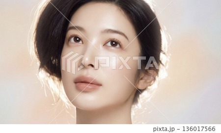 柔らかな光に包まれて見上げる日本人女性のビューティーポートレート 136017566