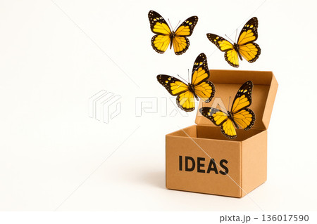 A box of ideas with butterflies flying out. Space for text. 136017590
