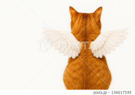Cat with angel wings, rear view. Space for text. 136017595