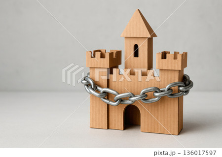 A cardboard lock wrapped with a metal chain. Space for text. A cardboard lock wrapped with a metal chain. Space for text. 136017597