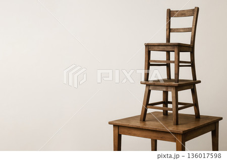 An old stool on a chair on a table. Space for text. An old stool on a chair on a table. Space for text. 136017598