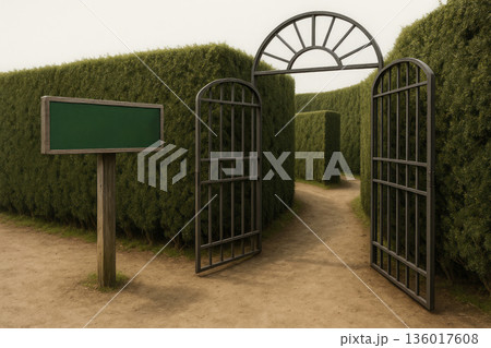 Entrance gate to a living labyrinth of trimmed hedges. Space for text. Entrance gate to a living labyrinth of trimmed hedges. Space for text. 136017608