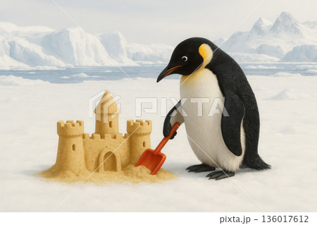 A penguin with a shovel builds a sandcastle in Antarctica. Space for text. A penguin with a shovel builds a sandcastle in Antarctica. Space for text. 136017612