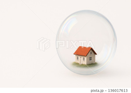 A small house inside a soap bubble. Space for text. 136017613