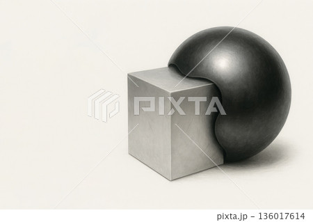 A contrasting composition of a metal sphere and a cube on a light background. Space for text. A contrasting composition of a metal sphere and a cube on a light background. Space for text. 136017614