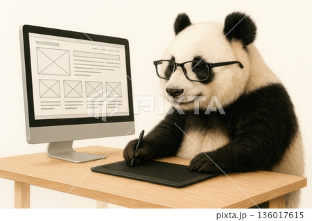 A panda in glasses works as a designer at a computer. 136017615
