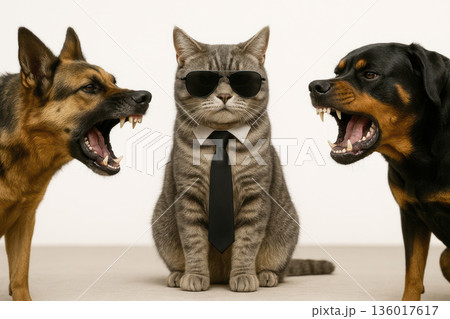 A stern cat in glasses and a tie between two angry dogs. A stern cat in glasses and a tie between two angry dogs. 136017617