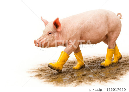 A pig walks through the mud in yellow rubber boots. Space for text. 136017620