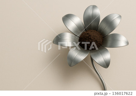 A metallic flower with an earthen center. Space for text. 136017622