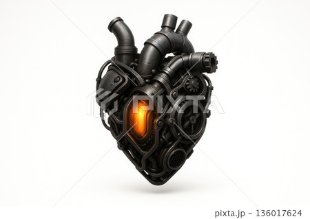 A dark mechanical heart with an orange light inside. Space for text. 136017624