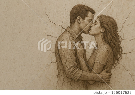 A kiss of love that turns into cracks in time. Space for text. 136017625