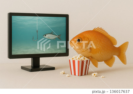 Fish with popcorn watching TV with hook and fish. 136017637