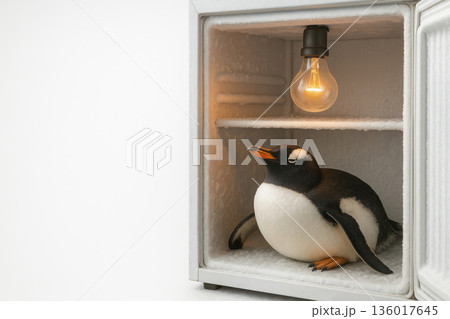 Penguin resting in the freezer under a light bulb. Space for text. 136017645