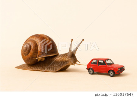 A snail is dragging a small red car. A snail is dragging a small red car. 136017647