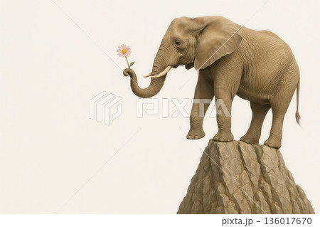 An elephant on top of a cliff holds a fragile flower with its trunk. Space for text. 136017670