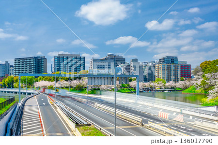 春の東京・首都高と千鳥ヶ淵　満開の桜 136017790
