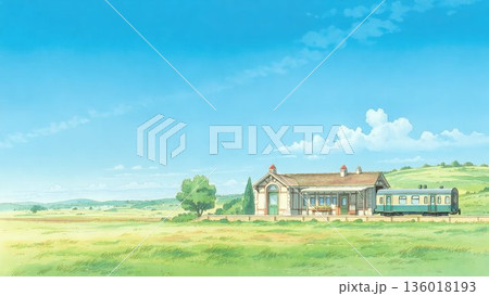田園地帯を走るローカル列車と駅舎の風景イラスト 田園地帯を走るローカル列車と駅舎の風景イラスト 136018193