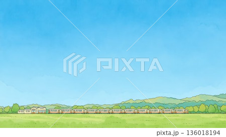 広い草原と長編成列車の田園風景イラスト 136018194