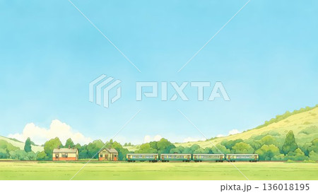 丘陵地を走るローカル列車と田園の風景イラスト 136018195