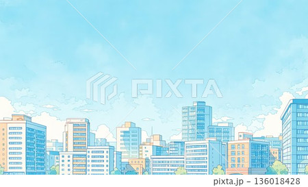 青空と高層ビルが並ぶ都市風景イラスト 背景素材 136018428