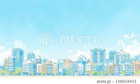 雲が浮かぶ青空と都市ビル群の風景イラスト 136018431