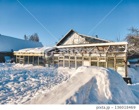 An old wooden greenhouse half covered with deep snow on a sunny winter day. Blue skies overhead and a rural farmhouse in the background creating a peaceful, frosty rural scene. 136018469
