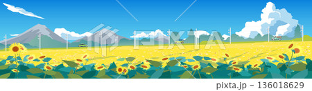 Landscape flat Illustration of Sunflower Field Landscape with Mountains. Cars on Rural Road with electric pole side of road. and Blue Sky with Clouds. Summer Countryside Scenery Panorama. Landscape flat Illustration of Sunflower Field Landscape with Mountains. Cars on Rural Road with electric pole side of road. and Blue Sky with Clouds. Summer Countryside Scenery Panorama. 136018629