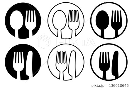 スプーン・フォーク・ナイフのカトラリーアイコン　レストラン・食事のシンボル 136018646
