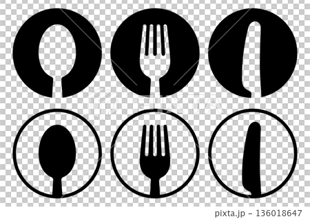 スプーン・フォーク・ナイフのカトラリーアイコン　レストラン・食事のシンボル 136018647