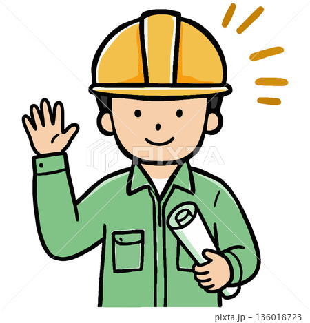 図面工具を抱え笑顔で挨拶する作業員の安らぎと信頼 136018723