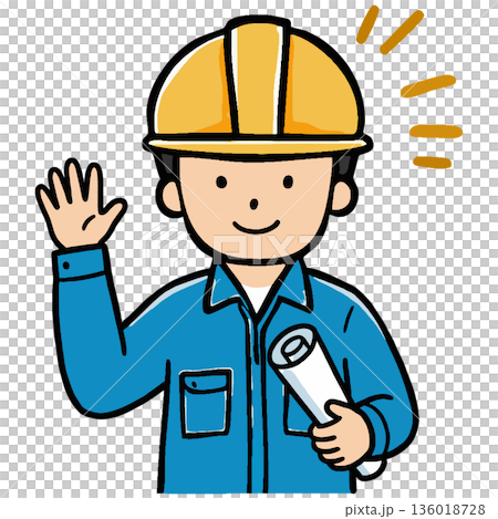 図面工具を抱え笑顔で挨拶する作業員の安らぎと信頼 136018728