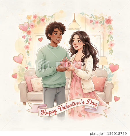Happy Valentine's Day. Couple is illustrated in a romantic setting, exchanging a gift.  136018729