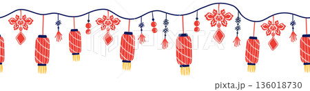 Seamless Chinese New Year lantern border with hanging ornaments in red on transparent background. 136018730