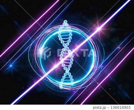 DNA helix surrounded by light patterns representing genetic structure and molecular biology concepts 136018903