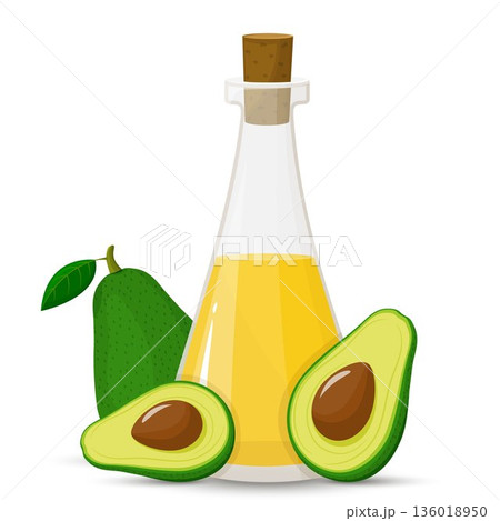 Avocado oil in glass bottle and fruit, isolated natural organic ingredients for hair treatment and growth. Cosmetics essence for massage, lotion for beautiful skin and body. Vector in flat style Avocado oil in glass bottle and fruit, isolated natural organic ingredients for hair treatment and growth. Cosmetics essence for massage, lotion for beautiful skin and body. Vector in flat style 136018950